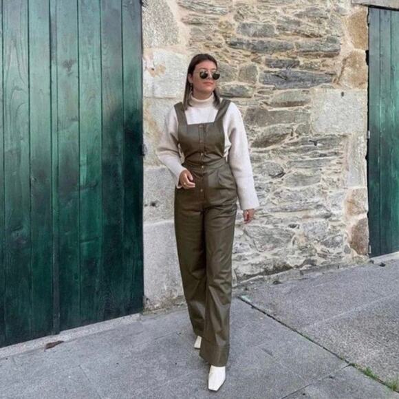 ZARA BLOGGER FAVORITE FAUX LEATHER LONG JUMPSUIT KHAKI - Picture 6 of 12